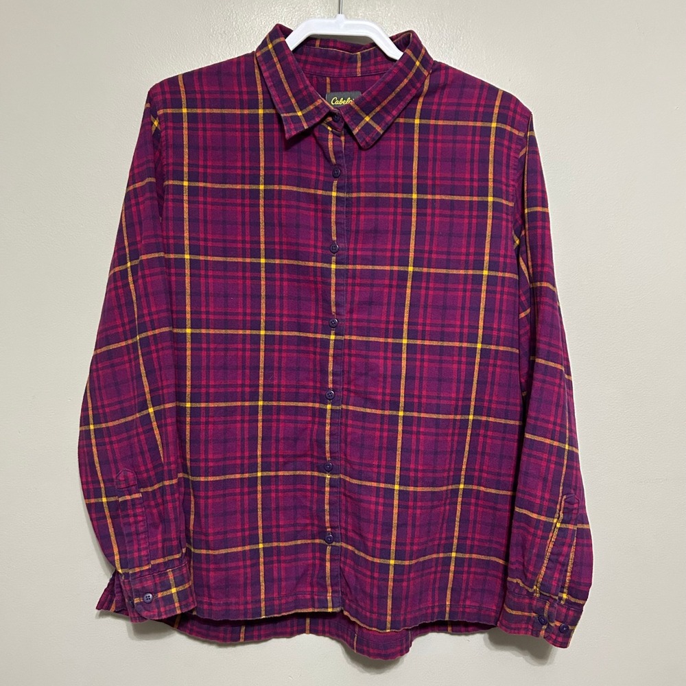 Cabela's Womens Flannel Button Down Shirt XL Purple Gold Plaid Cotton Outdoor